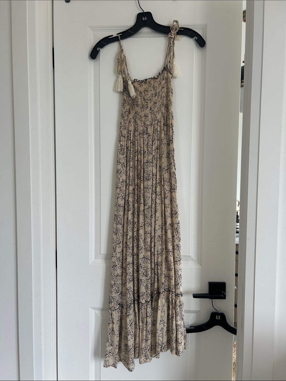 Beige Floral Smocked Maxi Dress with Tie Straps